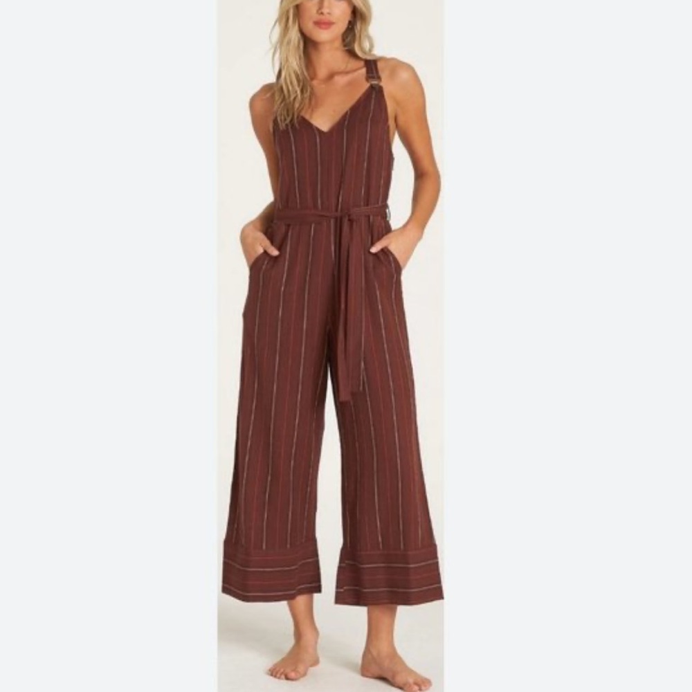 BILLABONG Women's Red Bella Day Striped Racerback Wide Leg Jumpsuit